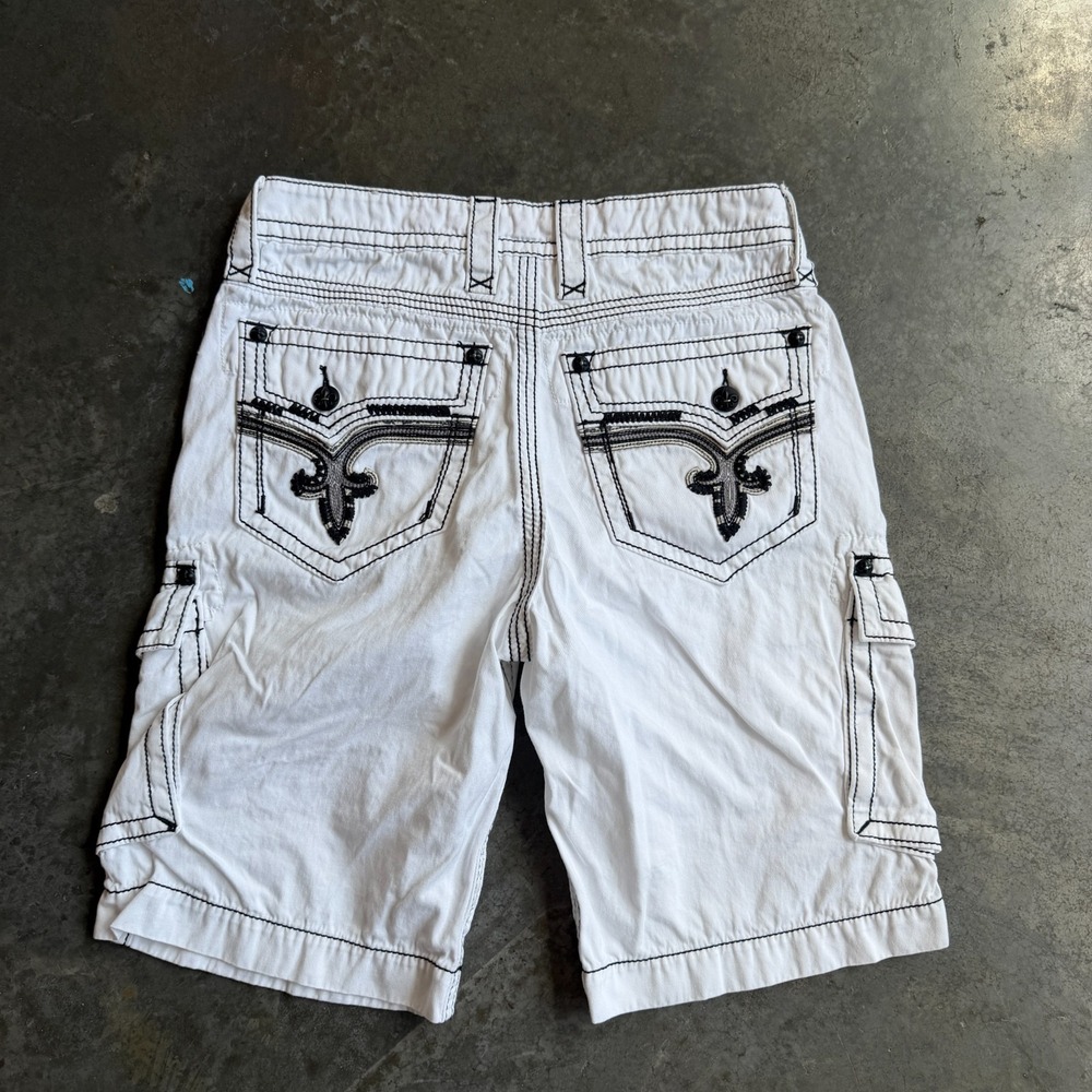 Rock Revival Vtg White Slim Cargo Baggy Wide Thick Stitch Shorts 32x23 (35x11)